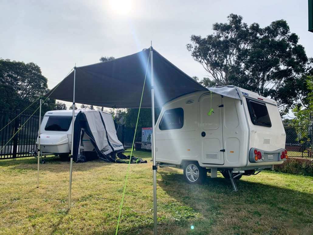 Side view of awning displayed on a caravan